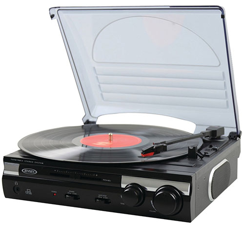 #1. Jensen JTA-230 3 Speed Stereo Turntable with Built-in Speakers