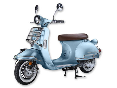 1. PCC Valentine 50cc 4­Stroke Gas Motor Scooter­ Sky Blue­ 25+MPH Vespa Replica, Best Mopeds for Sale Reviews