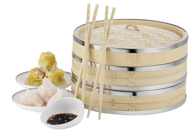 6. Von Shef 10 Inch 2 Tier Premium Bamboo Steamer with Stainless Steel Banding-includes 2 pairs of chopsticks and 50Wax Steamer Liner