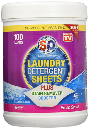 #11. S2O Laundry Detergent Sheets Plus Stain Remover Booster, Fresh Scent, 100 Loads