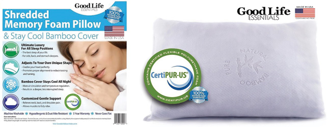 Shredded Memory Foam Pillow with Stay Cool Bamboo Cover Back Stomach Side Sleeper