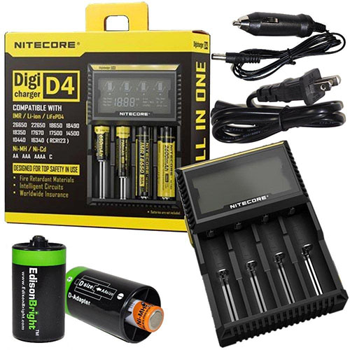 5.Nitecore D4 smart Charger 2020 version with LCD Display with 12V DC Cable & 2X EdisonBright AA to D Battery Converter Spacers